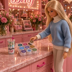 May include: A blonde doll wearing a light blue turtleneck sweater and white ribbed pants stands in a pink cafe. The doll holds a small round container from a clear tray of assorted coffee pods. A clear tumbler with the text Bitsy Bling Cafe sits nearby.