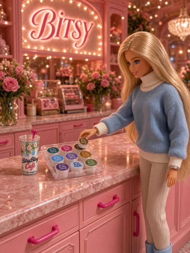 May include: A blonde doll wearing a light blue turtleneck sweater and white ribbed pants stands in a pink cafe. The doll holds a small round container from a clear tray of assorted coffee pods. A clear tumbler with the text Bitsy Bling Cafe sits nearby.
