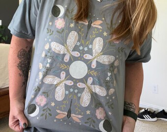 Folk art shirt, moon phase tee, celestial butterfly t shirt, Boho shirt, comfort color tee, Cottagecore asthetic