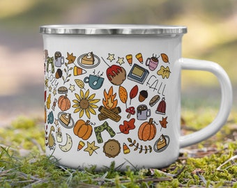 Taza de camping de otoño, taza de esmalte, tazas de otoño, regalos para ella