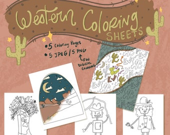 Western Coloring sheets, cowboy desert coloring, digital coloring, print at home color pages, Printable Coloring Pages, coloring book pages
