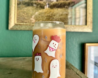 Vaso con forma de lata fantasma, taza fantasmal, linda taza de Halloween, vaso de lata fantasma pastel