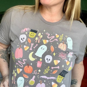 Pastel Halloween tee, ghosty shirt, cute Halloween shirt women, Halloween spooky pumpkin shirt,  Halloween illustrations, cute pink ghost