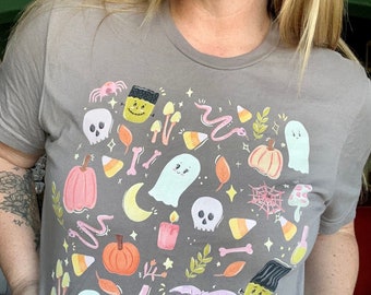 Pastel Halloween tee, ghosty shirt, cute Halloween shirt women, Halloween spooky pumpkin shirt,  Halloween illustrations, cute pink ghost