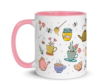 Cute Tea Mug with Color Inside, tea mug, teacup pattern, cottagecore mug, mushroom mug