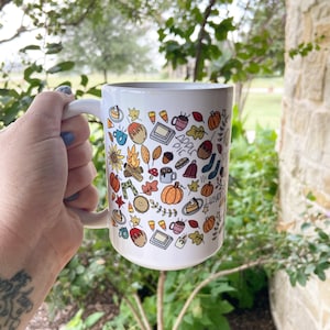 Fall coffee mug, hand drawn illustrations, autumn mug, Coffee Cup, Pumpkin Mug, Pumpkin Latte, Sweater Weather Mug, fall lover