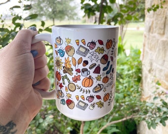 Fall coffee mug, hand drawn illustrations, autumn mug, Coffee Cup, Pumpkin Mug, Pumpkin Latte, Sweater Weather Mug, fall lover