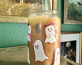 ghost can-shaped glass, ghosty cup, cute Halloween cup, pastel ghost can glass