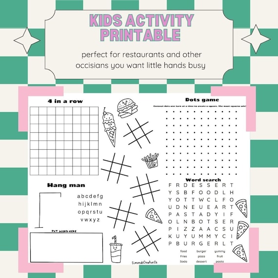 Activity Sheet for kids, restaurant place mat, simple restaurant activity printable