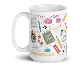 Teacher mug, back to school, teacher gifts-Cute Teacher Gift with School Supplies Illustration – 15 oz Ceramic Coffee Mug for Classroom