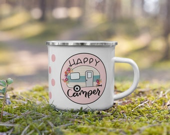 Happy camper mug, camping mug, trailer mugs, RV decor, enamel camping mug, gifts for campers