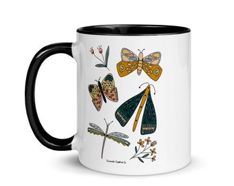 Folk art mug, butterfly mug, dragon fly mug, mug gifts, Mug with Color Inside