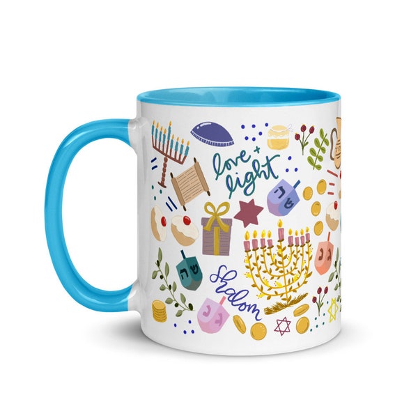 Taza de Hanukkah, Happy Hanukkah, regalos de Hanukkah, taza judía, taza ilustrada, taza de Chanukkah, regalos de Chanukkah, taza de café Mehnorah