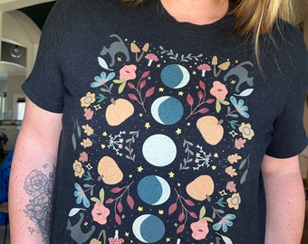 Autumn shirt, fall shirt, moon phase shirt, graphic Halloween shirt, Scandinavian autumn shirt, folk art pumpkin inspired shirt