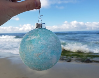 Hand Painted Ocean Ornaments Surf Art Boho Decor Set of 4 | One of a Kind Gift for the Holidays | "Seafoam Snowball & Beach Bum Swirl"