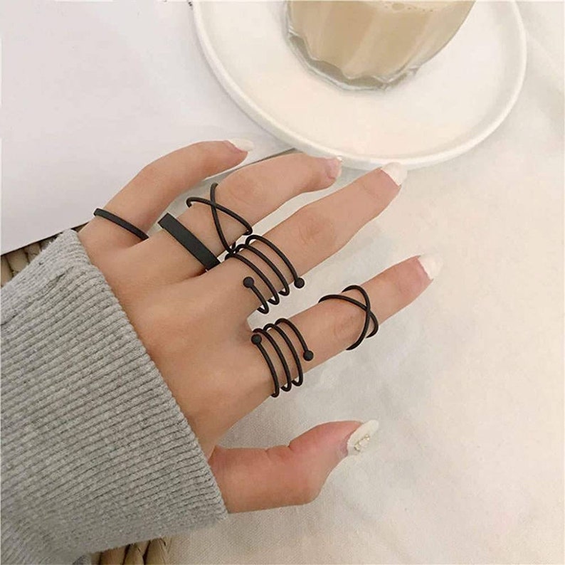 Black Knuckle Ring Set of 18 Black Stacking Ring Set Midi Etsy