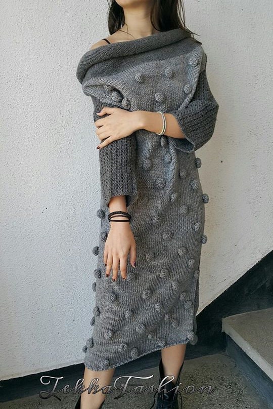 Handmade Women's long knitted grey wool dress for winter | Etsy