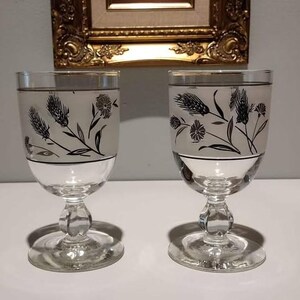 Libbey Wildflower Goblet Glasses Silver Wheat Frosted MCM Stemware 5.5"