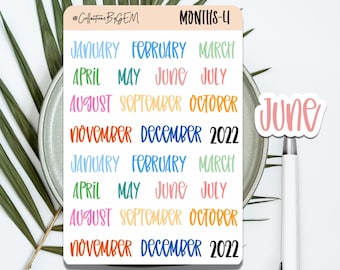 Months4/ colorful monthly planner stickers 2023 bujo bullet journal script hand lettered labels strips agenda calendar months of the year