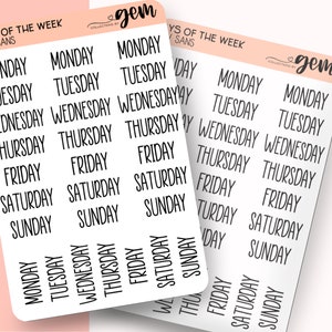 DOW2/ black days of the week 2023 planner stickers weekday weeks labels tabs hand lettered script bujo bullet journal plush planning
