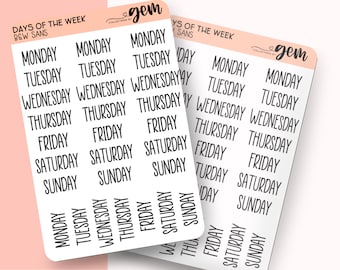 DOW2/ black days of the week 2023 planner stickers weekday weeks labels tabs hand lettered script bujo bullet journal plush planning