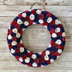 Patriotic Paper Flower Wreath | Red White & Blue Wreath | Americana Style | Door Hanger | Fourth of July | Independence Day | Rolled Flowers