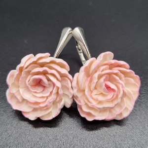 Light pink peony silver earrings/ 925 sterling silver floral earrings/ handmade flower jewelry/ peony polymer clay silver earrings