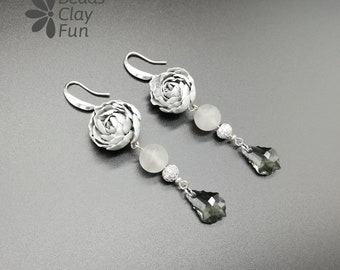 Floral gray peony polymer clay silver earrings/ 925 sterling silver hooks grey flower earrings/ handmade flower earrings