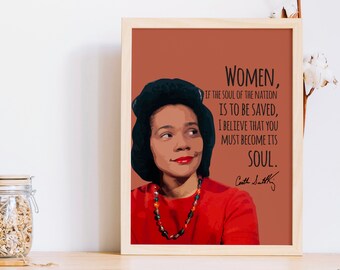 May include: A framed art print featuring a portrait of a woman in a red top and black hat, with a quote about women and the soul of the nation. The print has a warm, reddish-brown background and a wooden frame.