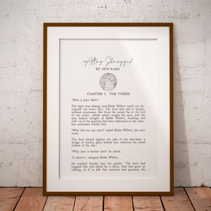 Pode incluir: Um cartaz imprimível em preto e branco com o título "A Rebelião de Atlas" de Ayn Rand. O cartaz apresenta uma citação do livro, "Quem é John Galt?" e uma pequena ilustração de um globo terrestre.