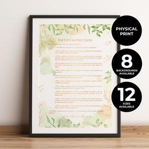 May include: A framed wall art print featuring The Optometric Oath in gold text on a white background with soft green and gold watercolor leaf illustrations. The print includes the title, the full oath text, and a signature at the bottom.