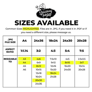 May include: A chart showing different sizes available for digital prints. The chart is divided into columns for JPG file size, aspect ratio, and resizable to. The chart shows sizes in inches, such as 24x36, 18x24, 24x30, and 20x28. The chart also shows sizes in centimeters, such as 6x9, 8x12, 10x15, and 12x18.