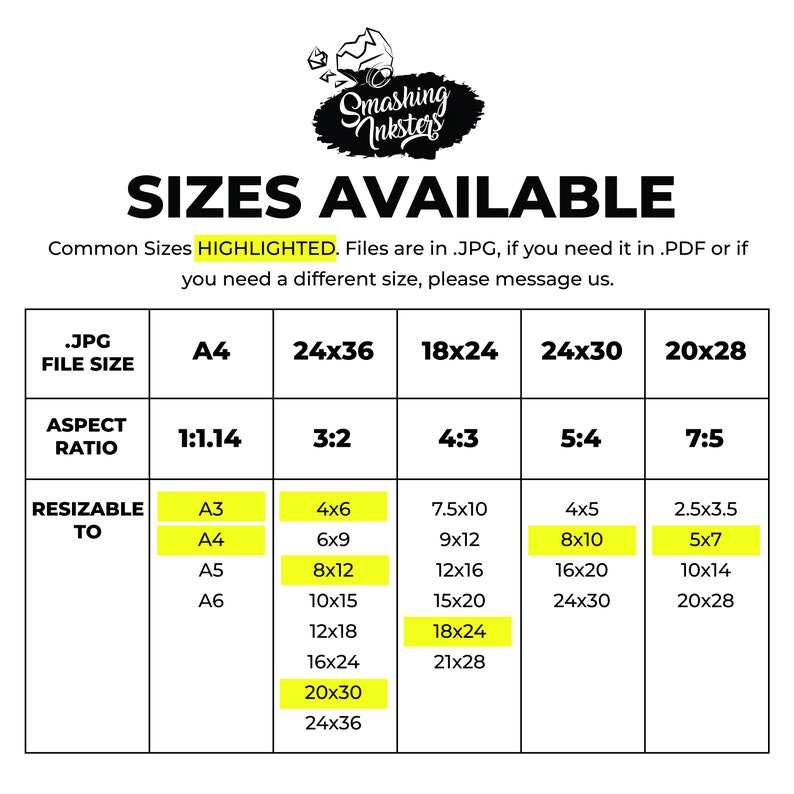 May include: A chart showing different sizes available for digital prints. The chart is divided into columns for JPG file size, aspect ratio, and resizable to. The chart shows sizes in inches, such as 24x36, 18x24, 24x30, and 20x28. The chart also shows sizes in centimeters, such as 6x9, 8x12, 10x15, and 12x18.