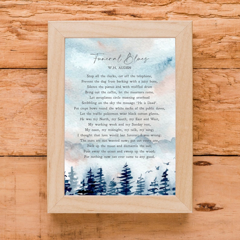 Funeral Blues W. H. Auden Poem Grief Mourning Etsy
