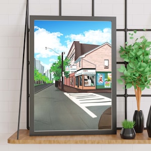 May include: A digital illustration of a street corner with a convenience store called "Kim's Convenience". The store has a red awning and a sign with the store's name. There is a crosswalk in front of the store and a street sign that says "OPS Convenience".