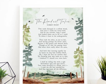May include: A watercolor painting of a forest scene with two paths diverging in a yellow wood. The poem "The Road Not Taken" by Robert Frost is printed on the painting. The poem is about the choices we make in life and how they shape our destiny.
