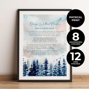 May include: A framed wall art print featuring the poem Dirge Without Music by Edna St. Vincent Millay. The design includes a watercolor background of soft blue and peach clouds above a dark blue forest silhouette with small birds in flight.