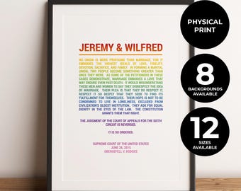 Lámina personalizada para matrimonio gay, poema lésbico LGBTQ, Corte Suprema sobre la unión entre personas del mismo sexo, regalo de boda personalizado con arcoíris blanco, impresión física, sin marco.