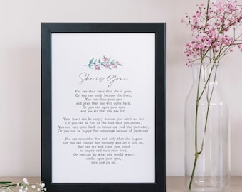 She is Gone | David Harkins | Poem | Funeral | Grief | Mourning | Sympathy Gift | Bereavement | Quote | Physical Print | No Frame Included