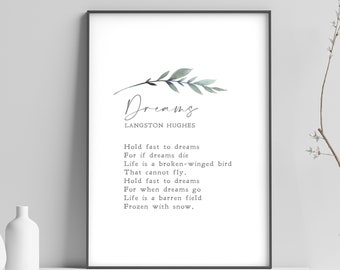 Dreams | Langston Hughes | Poem | Literature | Motivation | Inspiration | Print | Wall Art | Minimalist | Quote | INSTANT DOWNLOAD