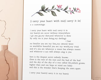 i Carry Your Heart With Me | E.E. Cummings | Poem | Love | Literary Gift | American Poet | Print | Wall Art | Minimalist | INSTANT DOWNLOAD