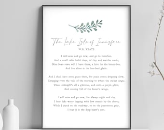 The Lake Isle of Innisfree / William Butler Yeats / Poema / Inspiración / Impresión / Arte mural / Minimalista / Cita / DESCARGA INSTANTÁNEA