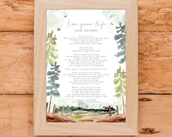 Vive tu vida / Jefe Tecumseh / Poema / Ilustrado / Acuarela / Consejo / Motivación / Inspiración / Impresión / Arte de pared / DESCARGA INSTANTE