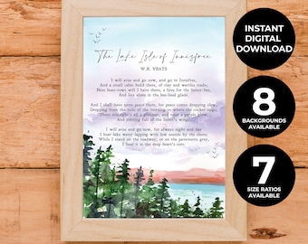 The Lake Isle of Innisfree / William Butler Yeats / Ilustrado / Poema / Inspiración / Impresión / Arte mural / Cita / DESCARGA INSTANTÁNEA