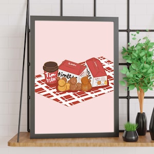 May include: A red and white checkered picnic blanket with three red boxes of Timbits donuts and a Tim Hortons coffee cup. The boxes have the text "Timbits" and "Tim Hortons" on them.