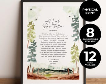 Impresión personalizada de poema funerario, regalo de duelo, oración para cartel de velatorio, "Una rama ha caído", impresión física, sin marco.