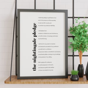 May include: A black and white printable poster with the text "The Nightingale Pledge" and a poem about a nurse's oath. The poem includes the lines "I solemnly pledge myself before God" and "to pass my life in purity and to practice my profession faithfully."