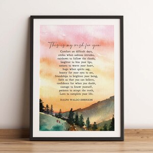 May include: A watercolor painting of a mountain landscape with a sunset sky. The text "This is my wish for you." is written in black cursive font, followed by a poem about comfort, beauty, and love. The poem is attributed to Ralph Waldo Emerson.