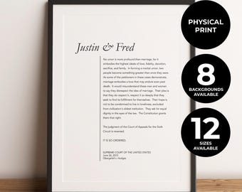 Lámina personalizada para matrimonio gay, poema lésbico, Corte Suprema sobre la unión entre personas del mismo sexo, regalo de boda LGBTQ personalizado, impresión física, sin marco.