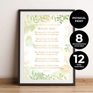 May include: A framed wall art print featuring a poem titled Bless My Aunt with gold lettering and watercolor green leaf accents. The text reads To Aunt Angie, You're The Best, Love Aida, followed by the poem and the name Nellie Cox at the bottom.